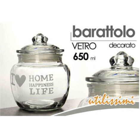 Trade Shop - Barattolo Ermetico In Vetro Contenitore Cucina Coperchio 650ml Decorato 652639 -