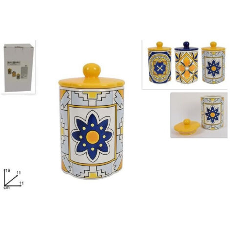Trade Shop - Barattolo In Ceramica Decorata Fantasia Decoro Maiolica Colori Assortiti 19x11cm -