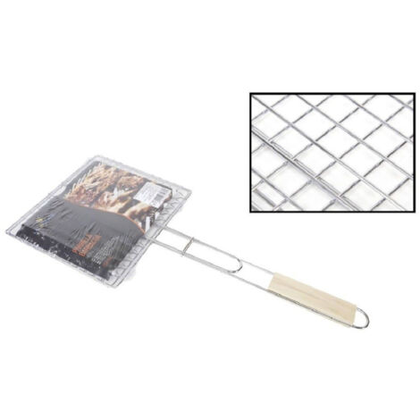 Trade Shop - Barbacoa Doble Parrilla Mango Madera Asar Pescado 22.5x20.5cm -