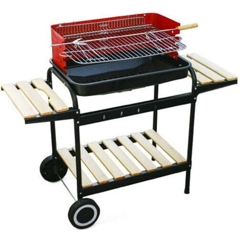 TRADE SHOP - Barbecue Trolley A Carbonella In Metallo E Legno Bbq Braciere Portatile Ripiani -