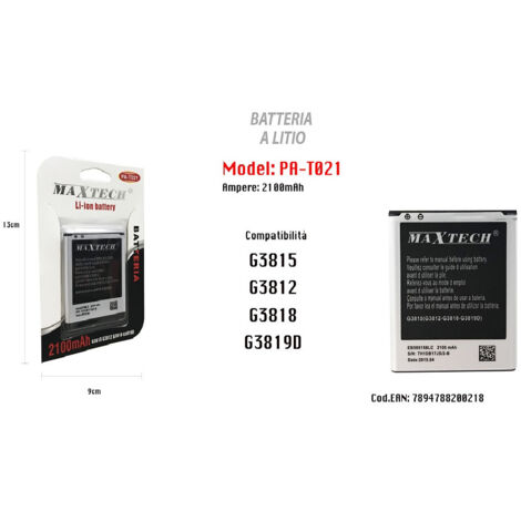Trade Shop - Batteria A Litio 2100mah Per Samsung Galaxy G3815 G3812 G3818 G3819d Maxtech Pa-t021 -