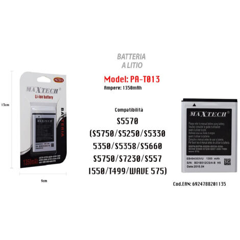 TRADE SHOP - Batteria A Litio Compatibile S5570 Cellulare Smartphone 1350mah Maxtech Pa-t013 -