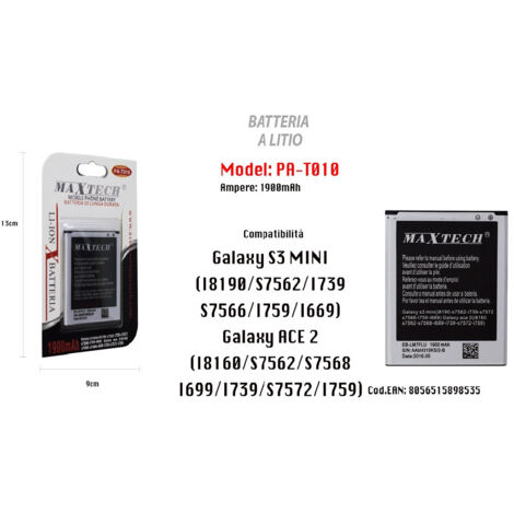 TRADE SHOP - Batteria A Litio Galaxy S3 Mini Ace 2 Ricambio Cellulare Smartphone 1900mah Maxtech Pa-t010 -
