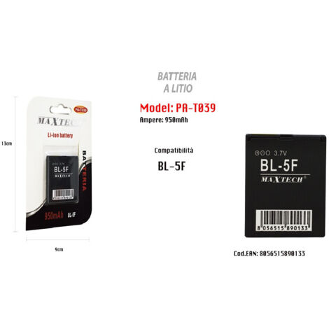 Trade Shop - Batteria Compatible Con Bl-5f 950mah Model 3.7v Smartphone Maxtech Pa-t039 -