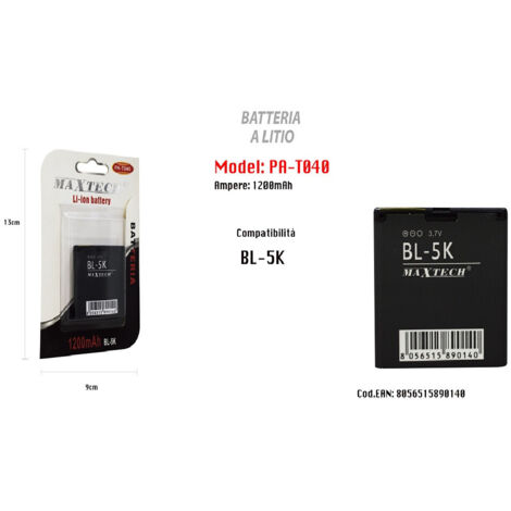 TRADE SHOP - Batteria Per Telefono Compatibile Con Bl-5k 1200 Mah Li-ion 3,7v Maxtech Pa-t040 -