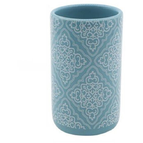 TRADE SHOP - Bicchiere Portaspazzolino Azzurro Con Maioliche Accessori Bagno 6.8x10.8cm 87022 -