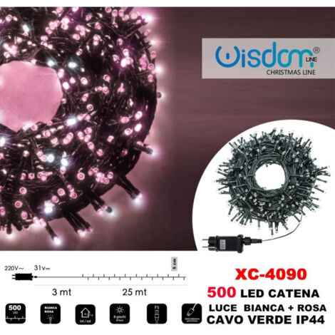 Trade Shop - Cadena De Luces 500 Luces Luciérnaga Led Blanco + Cable Rosa Verde Ip44 Xc-4090 -