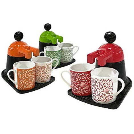 Trade Shop - Caffettiera Mini Express Con 2 Tazze In Ceramica Caffe' Colori Assortiti -