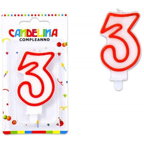 TRADE SHOP - Candelina Candela Numero 3 Compleanno Bianca Bordo Rosso Candeline Torta Per Festa -