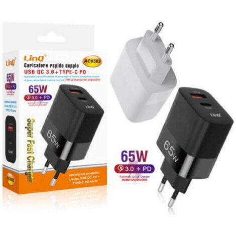 Trade Shop - Caricabatteria Rapido Doppio 65w Usb Quick Charge 3.0 + Type-c Power Delivery Ac6563 -