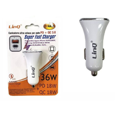 Trade Shop - Caricabatterie Caricatore Da Auto Adattatore Ultra Rapido Pd + Qc 3.0 36w C-4a36 -