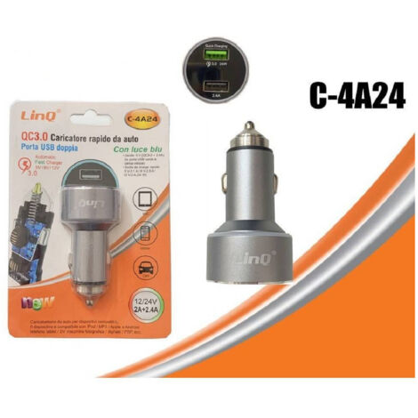 Trade Shop - CARICABATTERIE CARICATORY CAR 2 USB 2A+2.4A MIT LUCE BLU C-4A24 -