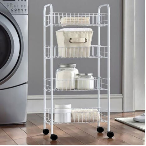 Trade Shop - CARRELLO 4 RIPIANI IN BIANCO METAL MIT RUOTE SALVASPAZIO 81X37X26CM -