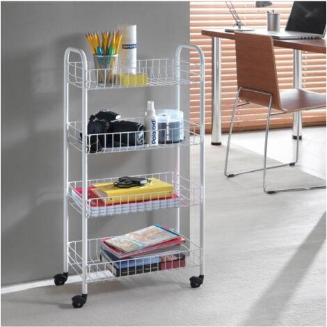 Trade Shop - Carrito Porta Vestuario Con 4 Estantes Blancos Para Cocina Baño 30x40x77cm -