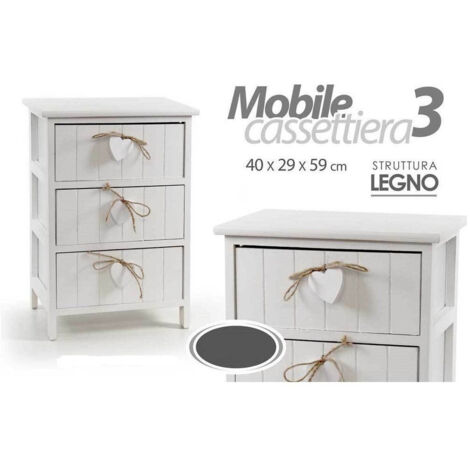 TRADE SHOP - Cassettiera 3 Cassetti H59x40x29cm Legno Comodino Bianco Cuore Arredamento Casa -