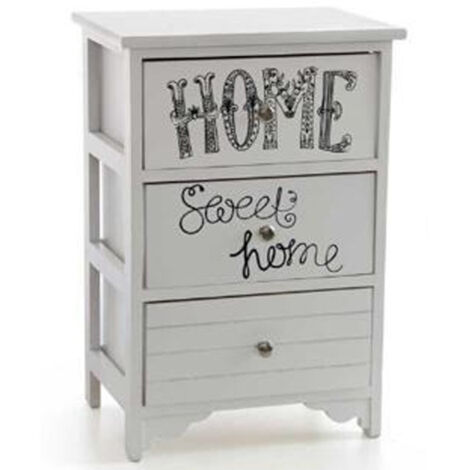 Trade Shop - Cassettiera In Legno Bianco 3 Cassetti 40x29x58cm Decorata Con Testo Sweet Home -
