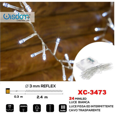 TRADE SHOP - Catena 24led A Batteria Cavo Trasparente Luce Bianca Fissa+intermittente Xc-3473 -
