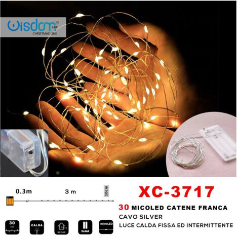 Trade Shop - Catena 30 Microled A Batteria Cavo Silver Luce Calda Fissa+intermittente Xc-3717 -