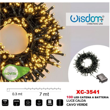 Trade Shop - CATENA LUMINOSA 100 LED LICHTER MIT BATTERIA CAVO VERDE LUCE CALDA IP44 XC-3541 -