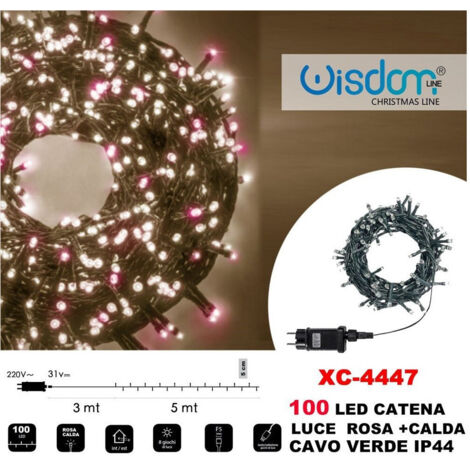 TRADE SHOP - Catena Luminosa 100 Luci Led Lucciole Luce Rosa + Calda Cavo Verde Ip44 Xc-4447 -