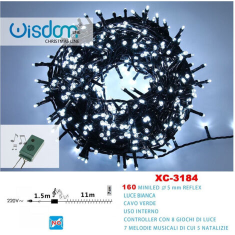 TRADE SHOP - Catena Luminosa 160miniled Luce Bianca Cavo Verde 7 Melodie 8 Giochi Luce Xc3184 -