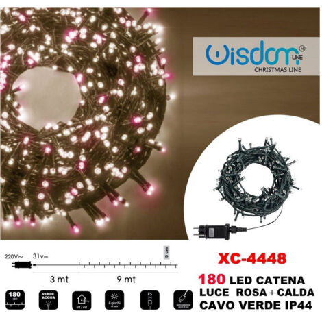 TRADE SHOP - Catena Luminosa 180 Luci Led Lucciole Luce Rosa + Calda Cavo Verde Ip44 Xc-4448 -