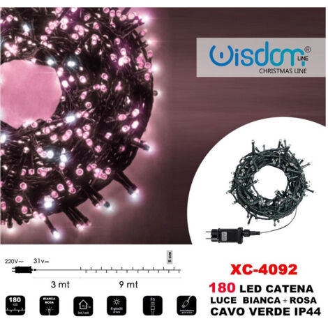Trade Shop - Catena Luminosa 180 Luci Led Luci Lights Bianca + Rosa Cavo Verde Ip44 Xc-4092 -