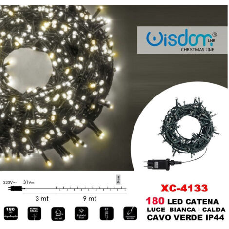 TRADE SHOP - Catena Luminosa 180luci Led Lucciole Luce Bianca + Calda Cavo Verde Ip44 Xc-4133 -
