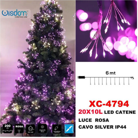 TRADE SHOP - Catena Luminosa 200 Led 20x10 Luci Con Ciuffi Luce Rosa Cavo Silver Ip44 Xc-4794 -