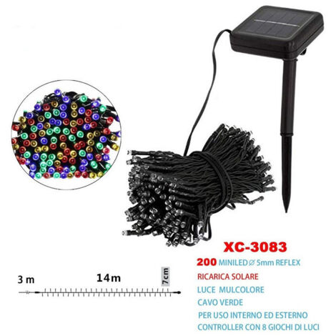 TRADE SHOP - Catena Luminosa 200 Led Con Ricarica Ad Energia Solare Luce Multicolore Xc-3083 -
