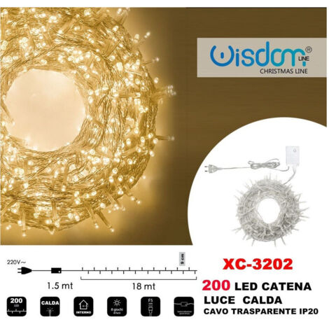 TRADE SHOP - Catena Luminosa 200 Luci Led Lucciole Luce Calda Cavo Trasparente Ip20 Xc-3202 -