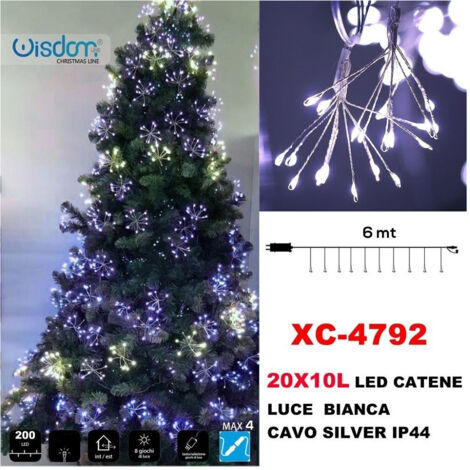 TRADE SHOP - Catena Luminosa 200led 20x10luci Con Ciuffi Luce Bianca Cavo Silver Ip44 Xc-4792 -