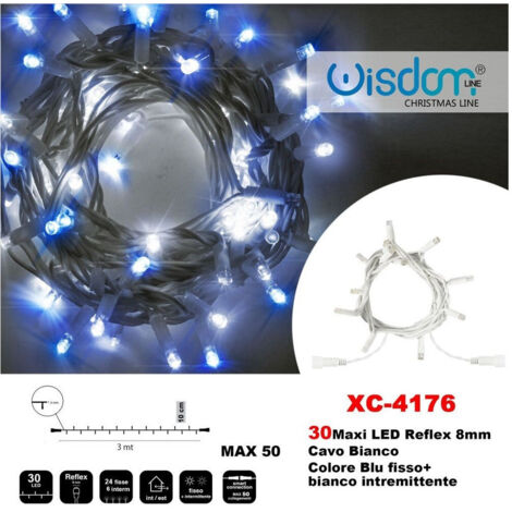 TRADE SHOP - Catena Luminosa 30 Luci Led Lucciole Blu Fisso + Bianco Intermittente Xc-4176 -
