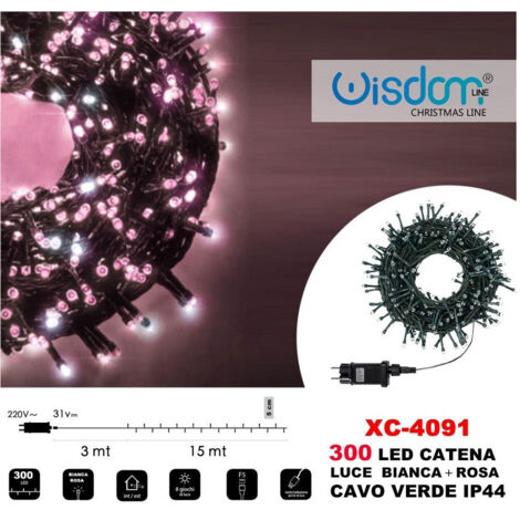 TRADE SHOP - Catena Luminosa 300 Luci Led Lucciole Luce Bianca + Rosa Cavo Verde Ip44 Xc-4091 -