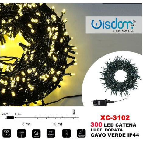 Trade Shop - Catena Luminosa 300 Luci Led Lucciole Luce Dorata Cavo Verde Ip44 Xc-3102 -