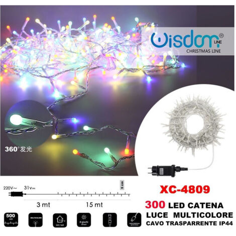 TRADE SHOP - Catena Luminosa 300 Luci Led Lucciole Luce Multicolore Cavo Trasparente Xc-4809 -