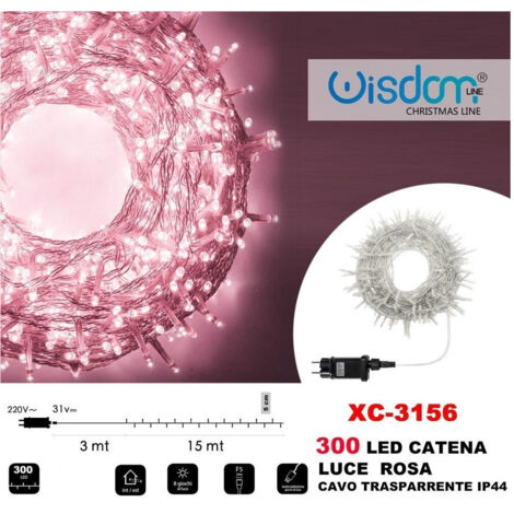 TRADE SHOP - Catena Luminosa 300 Luci Led Lucciole Luce Rosa Cavo Trasparente Ip44 Xc-3156 -
