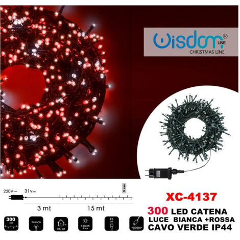 TRADE SHOP - Catena Luminosa 300luci Led Lucciole Luce Bianca + Rossa Cavo Verde Ip44 Xc-4137 -