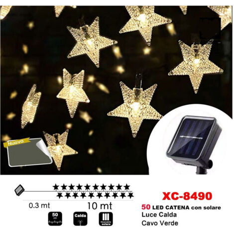 Trade Shop - CATENA LUMINOSA 50 LED STELLE LUMINOSE LUCE AD ENERGIEN SOLARE LUCE CALDA XC-8490 -