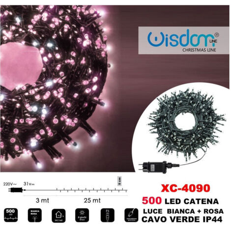TRADE SHOP - Catena Luminosa 500 Luci Led Lucciole Luce Bianca + Rosa Cavo Verde Ip44 Xc-4090 -