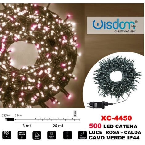 TRADE SHOP - Catena Luminosa 500 Luci Led Lucciole Luce Rosa + Calda Cavo Verde Ip44 Xc-4450 -