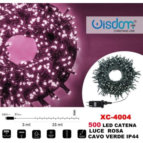 Trade Shop - Catena Luminosa Luci 500 Led Lucciole Luce Rosa Cavo Verde Ip44 Xc-4004