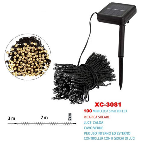 Trade Shop - Catena Luminosa Natale 100 Led Con Ricarica Di Energia Solare Luce Calda Xc-3081 -