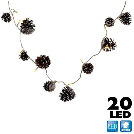 TRADE SHOP - Catena Luminosa Pigne Natalizie 20 Led Colore Bianco Caldo Cavo 3 Mt Decorazioni -