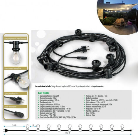 TRADE SHOP - Cavo 10 Metri Con 10 Portalampada E27 Spina Schuko Per Esterno Cordoniera Gazebo -