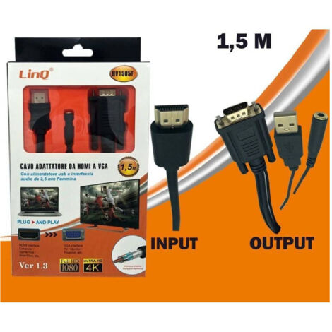 TRADE SHOP - Cavo Adattatore Da Hdmi A Vga Con Alimentazione Usb Jack Audio Femmina 1.5mt Hv1505f -
