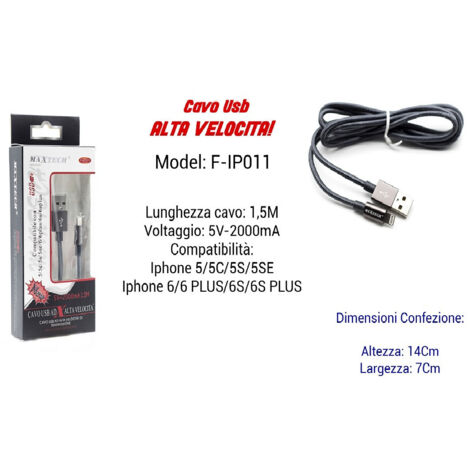Trade Shop - Cavo Filo Usb Veloce Ricarica Per Iphone 5volt - 2000ma 1,50mt Maxtech F-ip011 -