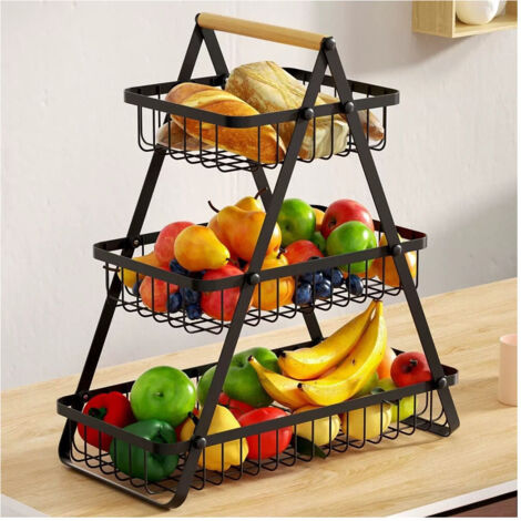Trade Shop - Cesta De Frutas Rectangulares Rectangulares De 3 Albergue Con Mango De Madera Decoración De Cocina Para Casas -
