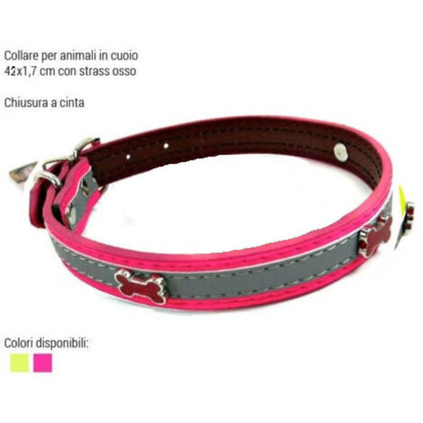 Trade Shop - Collare Per Cani Cuccioli Gatti Animali In Cuoio 42 Cm Vari Colori Strass Osso -