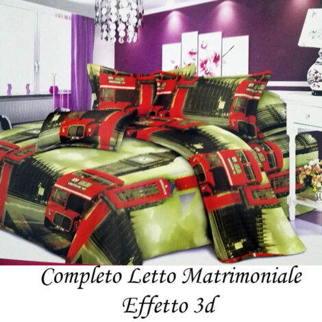 TRADE SHOP - Completo Letto 3d Lenzuola Matrimoniale Sotto Sopra Copri Cuscini Bus Londinese -